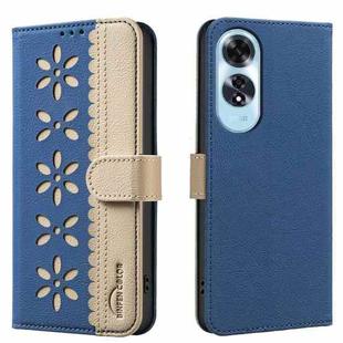 For OPPO A60 4G Splicing Color Hollow Flower Pattern RFID Leather Phone Case(Dark Blue)