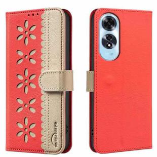 For OPPO A60 4G Splicing Color Hollow Flower Pattern RFID Leather Phone Case(Red)