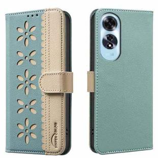 For OPPO A60 4G Splicing Color Hollow Flower Pattern RFID Leather Phone Case(Green)