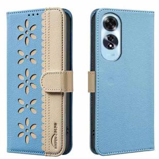 For OPPO A60 4G Splicing Color Hollow Flower Pattern RFID Leather Phone Case(Baby Blue)