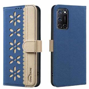 For OPPO A72 / A52 / A92 Splicing Color Hollow Flower Pattern RFID Leather Phone Case(Dark Blue)