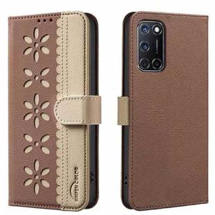 For OPPO A72 / A52 / A92 Splicing Color Hollow Flower Pattern RFID Leather Phone Case(Brown)