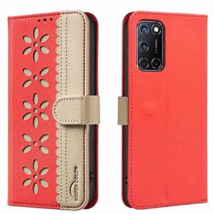 For OPPO A72 / A52 / A92 Splicing Color Hollow Flower Pattern RFID Leather Phone Case(Red)