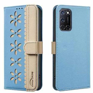 For OPPO A72 / A52 / A92 Splicing Color Hollow Flower Pattern RFID Leather Phone Case(Baby Blue)