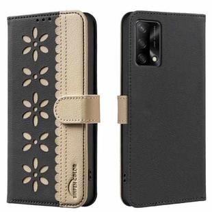 For OPPO A74 4G / F19 4G Splicing Color Hollow Flower Pattern RFID Leather Phone Case(Black)