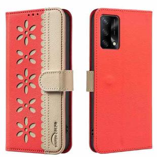 For OPPO A74 4G / F19 4G Splicing Color Hollow Flower Pattern RFID Leather Phone Case(Red)