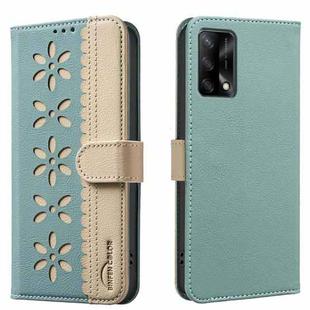 For OPPO A74 4G / F19 4G Splicing Color Hollow Flower Pattern RFID Leather Phone Case(Green)