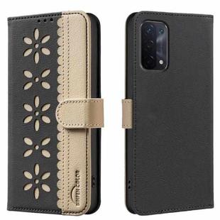 For OPPO A74 5G / A93 5G / A54 5G Splicing Color Hollow Flower Pattern RFID Leather Phone Case(Black)