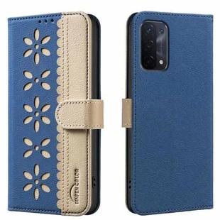 For OPPO A74 5G / A93 5G / A54 5G Splicing Color Hollow Flower Pattern RFID Leather Phone Case(Dark Blue)