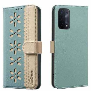 For OPPO A74 5G / A93 5G / A54 5G Splicing Color Hollow Flower Pattern RFID Leather Phone Case(Green)