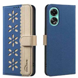 For OPPO A78 4G Splicing Color Hollow Flower Pattern RFID Leather Phone Case(Dark Blue)