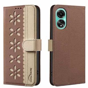 For OPPO A78 4G Splicing Color Hollow Flower Pattern RFID Leather Phone Case(Brown)