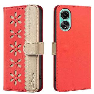 For OPPO A78 4G Splicing Color Hollow Flower Pattern RFID Leather Phone Case(Red)