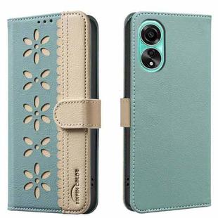 For OPPO A78 4G Splicing Color Hollow Flower Pattern RFID Leather Phone Case(Green)