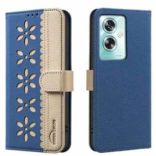 For OPPO A79 5G Splicing Color Hollow Flower Pattern RFID Leather Phone Case(Dark Blue)