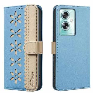 For OPPO A79 5G Splicing Color Hollow Flower Pattern RFID Leather Phone Case(Baby Blue)