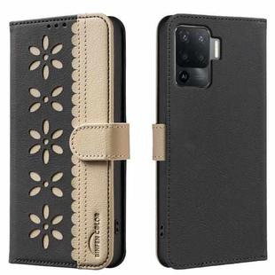 For OPPO A94 4G / Reno5 F / F19 Pro Splicing Color Hollow Flower Pattern RFID Leather Phone Case(Black)