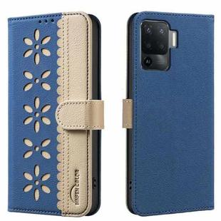 For OPPO A94 4G / Reno5 F / F19 Pro Splicing Color Hollow Flower Pattern RFID Leather Phone Case(Dark Blue)