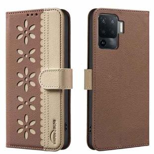 For OPPO A94 4G / Reno5 F / F19 Pro Splicing Color Hollow Flower Pattern RFID Leather Phone Case(Brown)