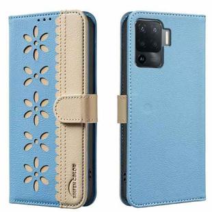 For OPPO A94 4G / Reno5 F / F19 Pro Splicing Color Hollow Flower Pattern RFID Leather Phone Case(Baby Blue)
