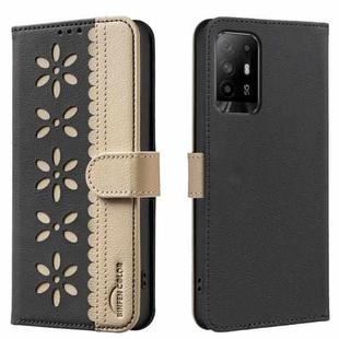 For OPPO A95 5G / F19 Pro+ / Reno5 Z Splicing Color Hollow Flower Pattern RFID Leather Phone Case(Black)