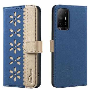 For OPPO A95 5G / F19 Pro+ / Reno5 Z Splicing Color Hollow Flower Pattern RFID Leather Phone Case(Dark Blue)