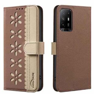 For OPPO A95 5G / F19 Pro+ / Reno5 Z Splicing Color Hollow Flower Pattern RFID Leather Phone Case(Brown)