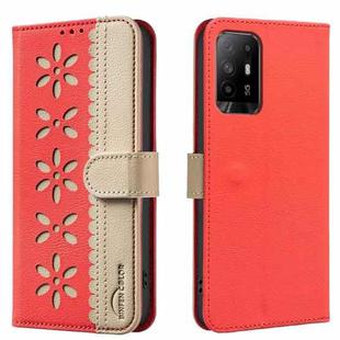 For OPPO A95 5G / F19 Pro+ / Reno5 Z Splicing Color Hollow Flower Pattern RFID Leather Phone Case(Red)