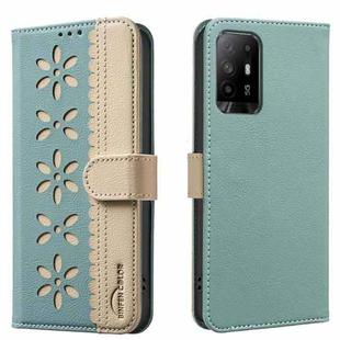 For OPPO A95 5G / F19 Pro+ / Reno5 Z Splicing Color Hollow Flower Pattern RFID Leather Phone Case(Green)