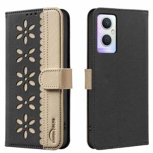 For OPPO A96 5G / Reno7 Z 5G Splicing Color Hollow Flower Pattern RFID Leather Phone Case(Black)