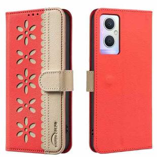 For OPPO A96 5G / Reno7 Z 5G Splicing Color Hollow Flower Pattern RFID Leather Phone Case(Red)