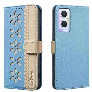 For OPPO A96 5G / Reno7 Z 5G Splicing Color Hollow Flower Pattern RFID Leather Phone Case(Baby Blue)