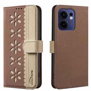 For OPPO Reno13 F 5G Splicing Color Hollow Flower Pattern RFID Leather Phone Case(Brown)