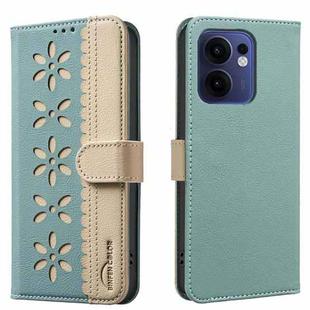 For OPPO Reno13 F 5G Splicing Color Hollow Flower Pattern RFID Leather Phone Case(Green)