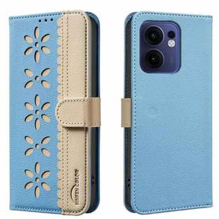 For OPPO Reno13 F 5G Splicing Color Hollow Flower Pattern RFID Leather Phone Case(Baby Blue)