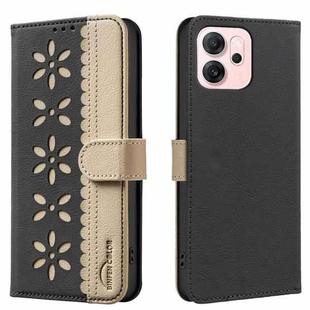 For OPPO Reno14 F 5G Splicing Color Hollow Flower Pattern RFID Leather Phone Case(Black)