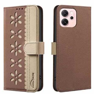 For OPPO Reno14 F 5G Splicing Color Hollow Flower Pattern RFID Leather Phone Case(Brown)