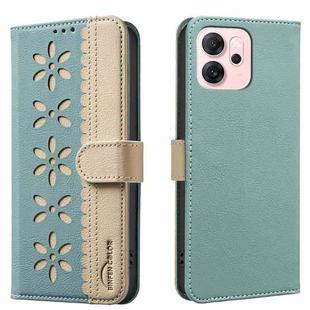 For OPPO Reno14 F 5G Splicing Color Hollow Flower Pattern RFID Leather Phone Case(Green)