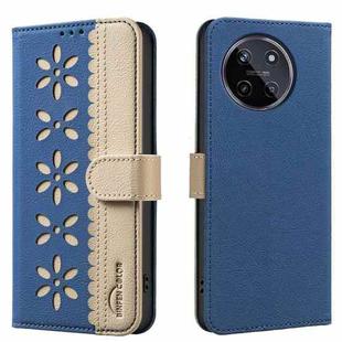 For Realme 11 4G Global Splicing Color Hollow Flower Pattern RFID Leather Phone Case(Dark Blue)