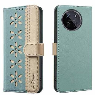 For Realme 11 4G Global Splicing Color Hollow Flower Pattern RFID Leather Phone Case(Green)