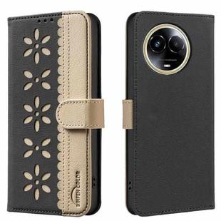 For Realme 11 5G Global / 11X Splicing Color Hollow Flower Pattern RFID Leather Phone Case(Black)