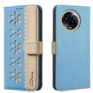 For Realme 11 5G Global / 11X Splicing Color Hollow Flower Pattern RFID Leather Phone Case(Baby Blue)