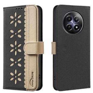 For Realme 12 5G Global Splicing Color Hollow Flower Pattern RFID Leather Phone Case(Black)