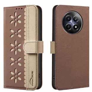 For Realme 12 5G Global Splicing Color Hollow Flower Pattern RFID Leather Phone Case(Brown)