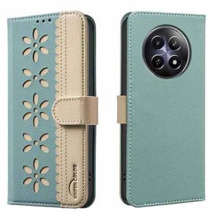 For Realme 12 5G Global Splicing Color Hollow Flower Pattern RFID Leather Phone Case(Green)