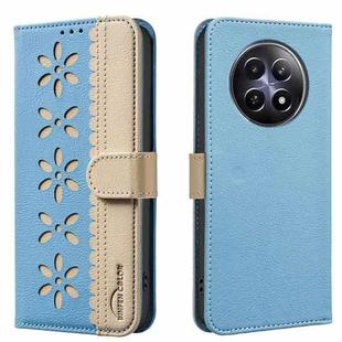 For Realme 12 5G Global Splicing Color Hollow Flower Pattern RFID Leather Phone Case(Baby Blue)