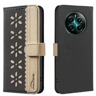 For Realme 12+ 5G Splicing Color Hollow Flower Pattern RFID Leather Phone Case(Black)