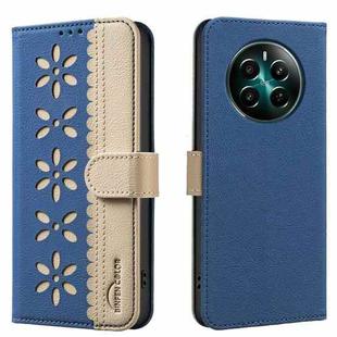 For Realme 12+ 5G Splicing Color Hollow Flower Pattern RFID Leather Phone Case(Dark Blue)