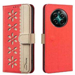 For Realme 12+ 5G Splicing Color Hollow Flower Pattern RFID Leather Phone Case(Red)