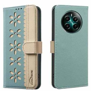 For Realme 12+ 5G Splicing Color Hollow Flower Pattern RFID Leather Phone Case(Green)